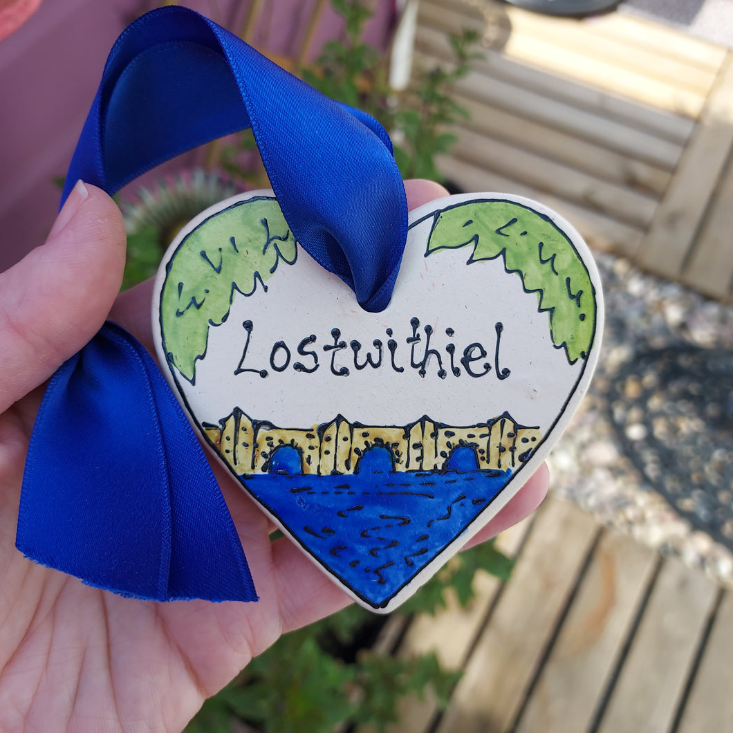 Lostwithiel Cornish Heart - Tudor Bridge - Hanging Decoration - Hand Painted - Cornwall