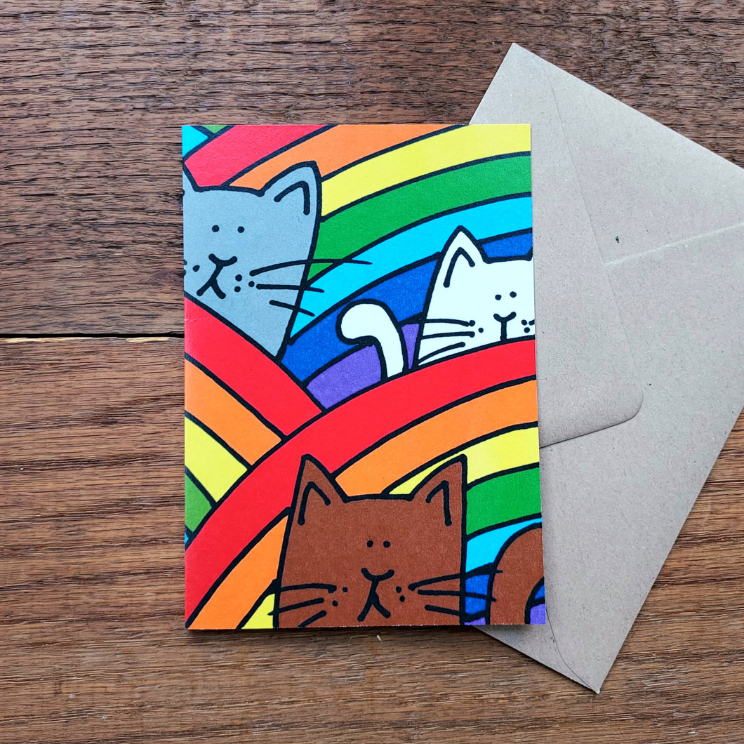 Rainbow cats plastic free recycled greetings card Laura Lee