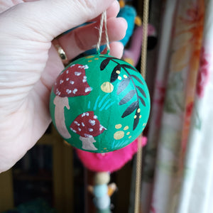 Toadstools & Rowan Bauble - Green - Large - Papier Mache - Hand Painted