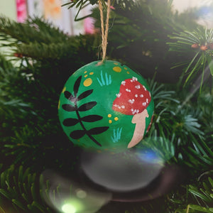 Toadstools & Rowan Bauble - Green - Large - Papier Mache - Hand Painted