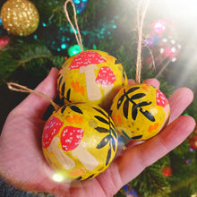 Load image into Gallery viewer, Yellow toadstool baubles by Laura Lee Designs 