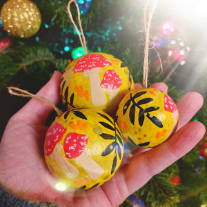 Yellow toadstool baubles by Laura Lee Designs 