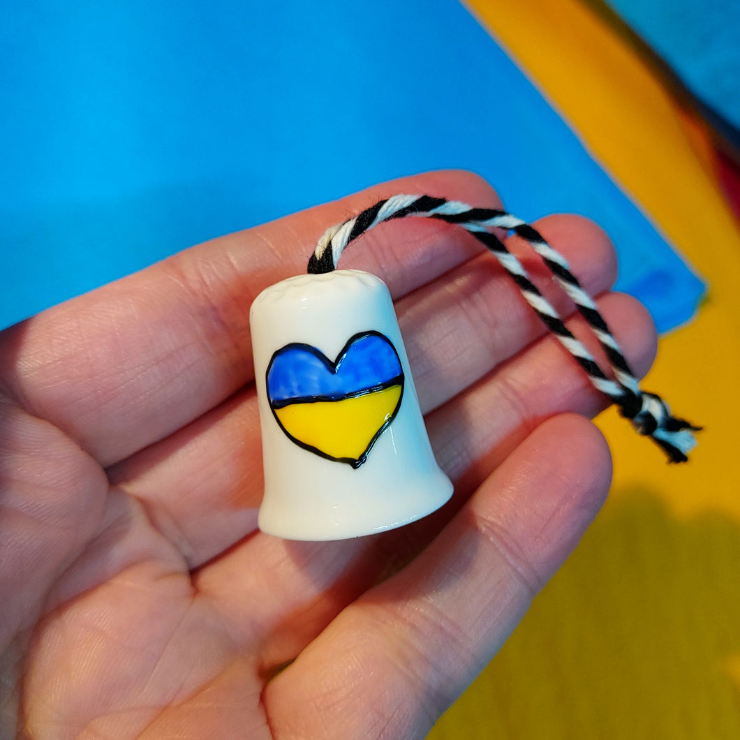 Charity thimble for Ukraine by Laura Lee Designs Ukraine flag heart