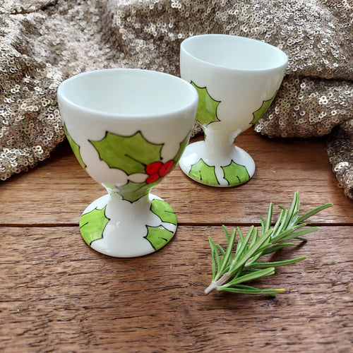 Holly egg cups set hand painted Laura Lee Designs