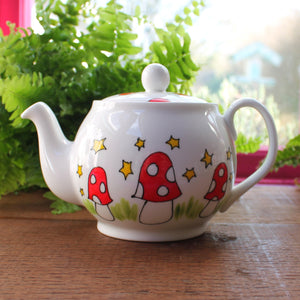 Large family sized teapot hand painted with mushrooms by Laura Lee Designs Cornwall
