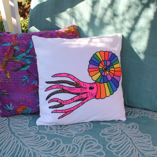 Rainbow ammonite cushion by Laura Lee designs Cornwall