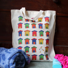 Load image into Gallery viewer, Dorset beach huts tote bag by Laura lee designs Cornwall funny seagull