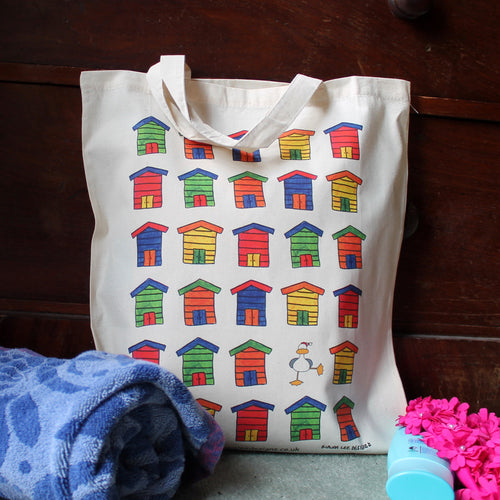 Dorset beach huts tote bag by Laura lee designs Cornwall funny seagull