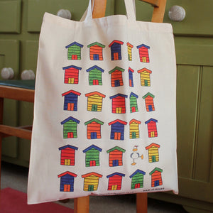 Funny colourful beach huts bag by Cornwall based designer Laura Lee