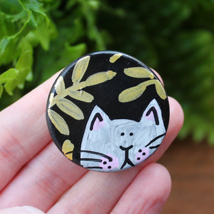 Black dot magnet with gold ferns and white cat by Laura Lee Designs Cornwall