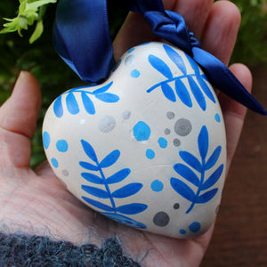 Blue ferns and bubbles hand painted flamingo heart by Laura Lee Designs 