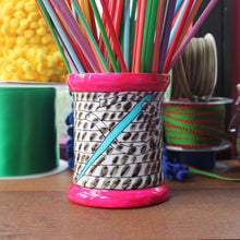 Load image into Gallery viewer, Black and white striped thread bobbin vase knitting needle storage by Laura Lee Designs 