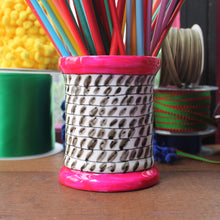 Load image into Gallery viewer, Pink bobbin sewing scissor storage jar sewing room storage by Laura Lee Designs 