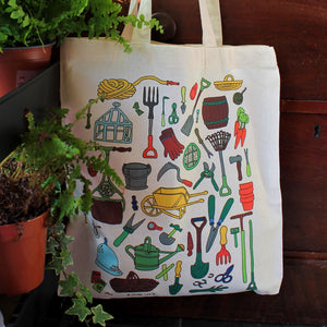 Vintage garden tools tote bag by Laura Lee Designs in Cornwall