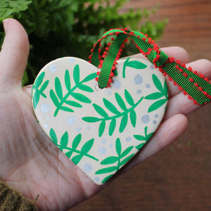 Green ferns hand painted ceramic heart Laura Lee Designs 
