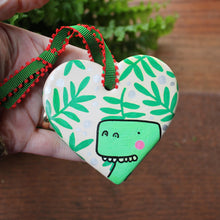 Load image into Gallery viewer, Green dinosaur hand painted heart hand painted ceramic by Laura Lee designs