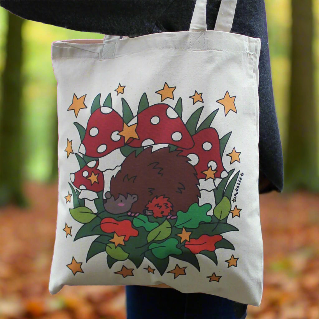 Laura Lee Designs Hedgehog Mushrooms Woodland Autumn Cotton Tote Bag