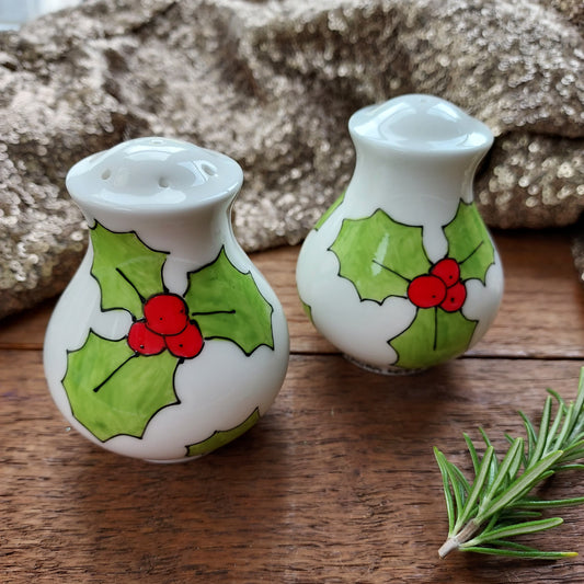 Holly Salt And Pepper Pots Christmas Yule Laura Lee Designs