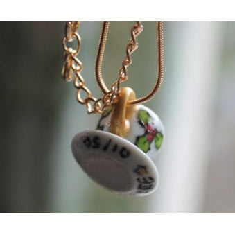 Holly Ceramic Miniature Teacup Necklace Christmas Yule Laura Lee Designs