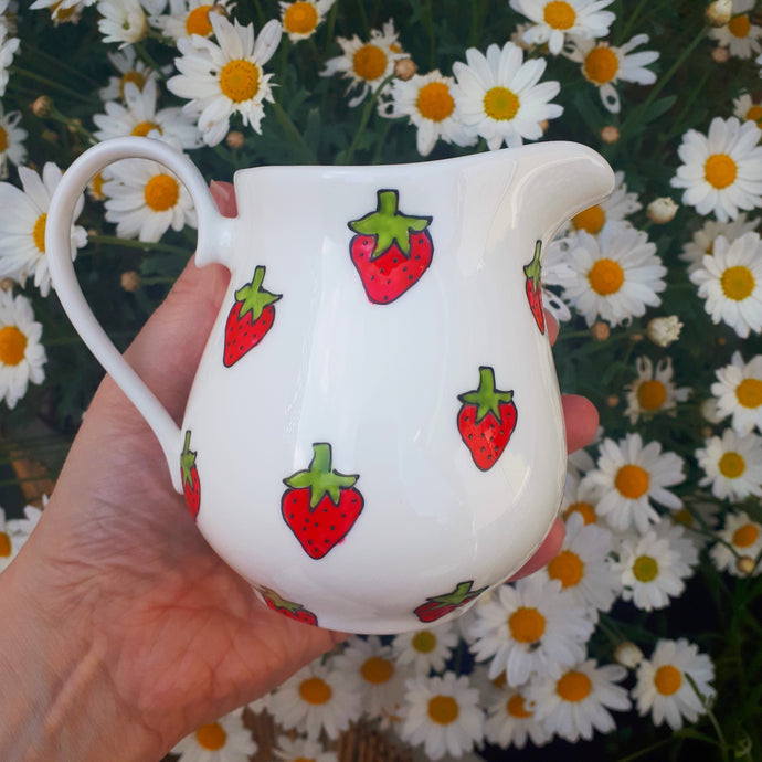 Strawberries Milk Jug - Hand Painted - Fine China - Half Pint - Creamer
