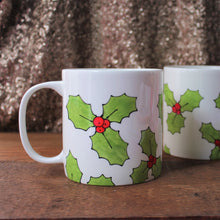 Load image into Gallery viewer, Holly pint mug hand painted jumbo sized mug in green holly with red berries by Laura Lee designs Cornwall