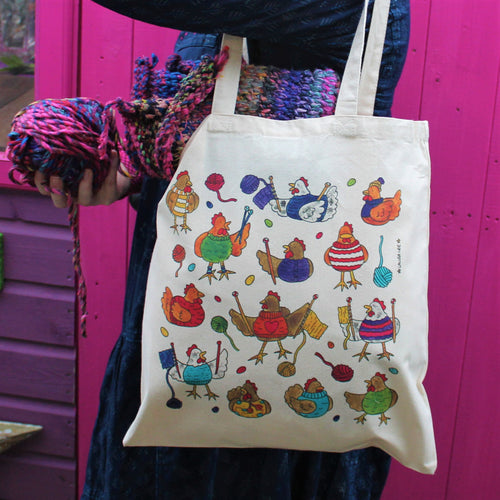 Colourful knitting chickens cotton tote bag by laura lee designs Cornwall