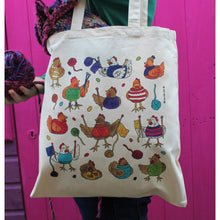 Load image into Gallery viewer, Colourful knitting chickens cotton tote bag by laura lee designs Cornwall