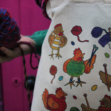 Load image into Gallery viewer, Colourful knitting chickens cotton tote bag by laura lee designs Cornwall