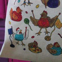 Load image into Gallery viewer, Colourful knitting chickens cotton tote bag by laura lee designs Cornwall