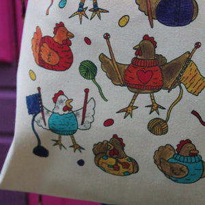 Colourful knitting chickens cotton tote bag by laura lee designs Cornwall