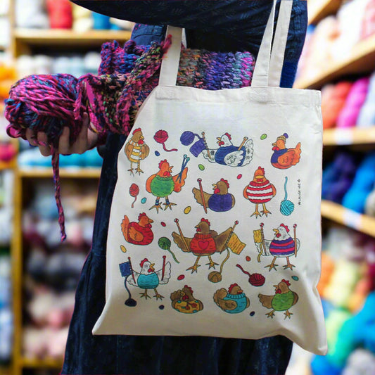 Laura Lee Designs Knitting Chickens Cotton Tote Bag