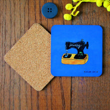 Load image into Gallery viewer, sewing machine coaster blue with black vintage style sewing machine by Laura Lee Designs Cornwall