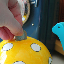 Load image into Gallery viewer, Mushroom money box in a colourful yellow hand painted by Laura Lee Designs 