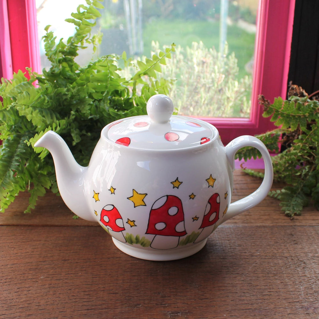 mushroom spotty toadstool teapot hand painted fine china by Laura Lee Cornwall