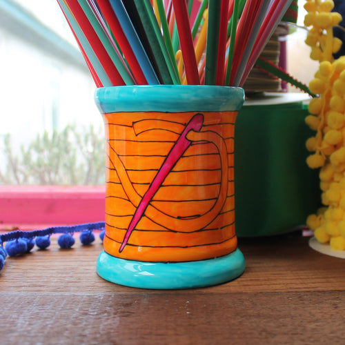 Orange sewing thread bobbin storage jar vase by Laura Lee Designs 