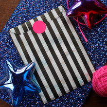Load image into Gallery viewer, Gift wrap bag black and white stripe with neon sticker Laura Lee Designs