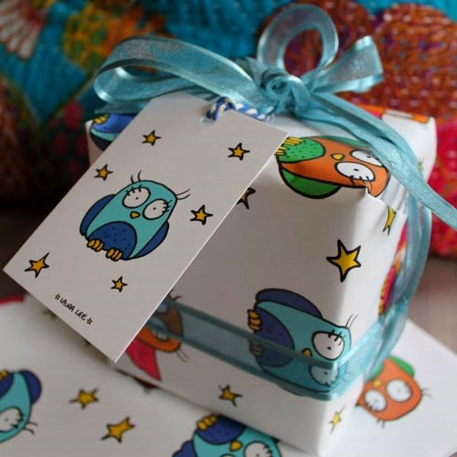 Owls and stars colourful gift wrapping paper pack with tags by Laura lee Designs in Cornwall