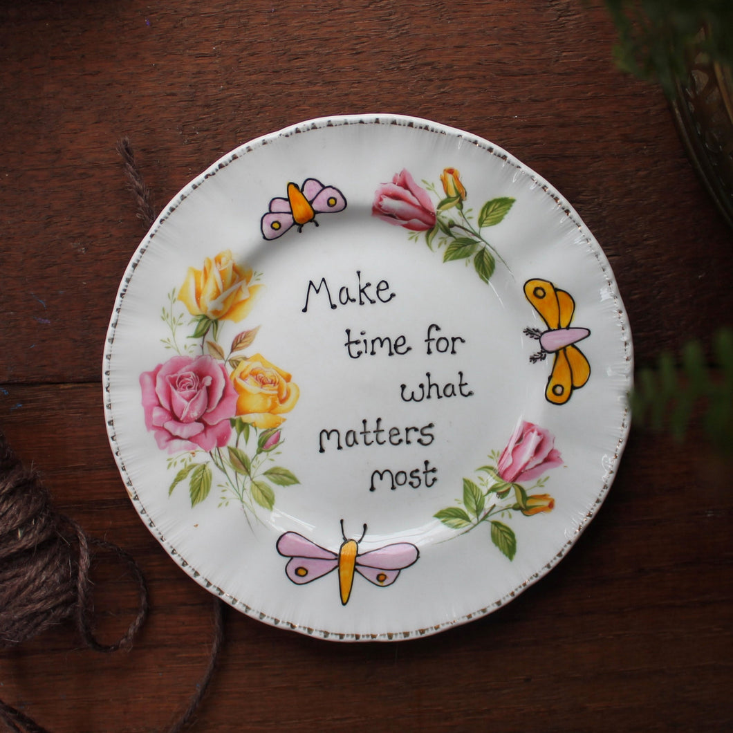Moths & Butterflies mustard and pink roses display plate