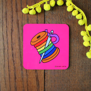 Sewing coaster in pink with rainbow thread gift for sewer by Laura Lee Designs Cornwall
