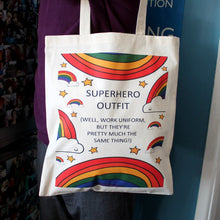 Load image into Gallery viewer, Superhero outfit rainbow tote bag for uniform. funny work bag by Laura Lee Designs in Cornwall