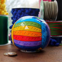 Load image into Gallery viewer, Rainbow yarn money box hand painted fine china by Laura Lee Cornwall