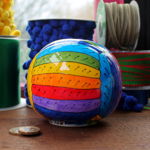 Rainbow yarn money box hand painted fine china by Laura Lee Cornwall
