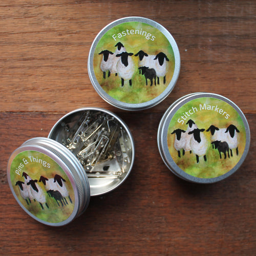 Sheep with their lamb knitters storage tins by Laura lee Designs in Cornwall