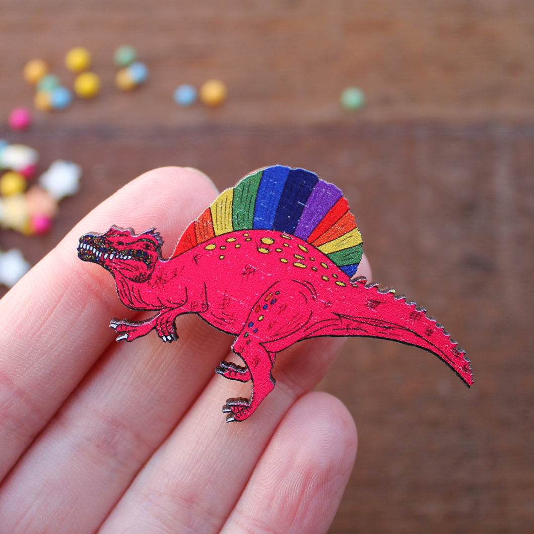 Punk spinosaurus rainbow dinosaur brooch by Laura Lee Designs Cornwall
