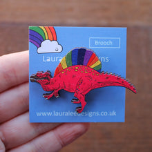 Load image into Gallery viewer, Punk spinosaurus rainbow dinosaur brooch on rainbow backing card by Laura Lee Designs Cornwall