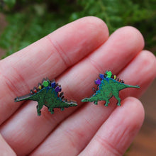 Load image into Gallery viewer, Rainbow stegosaurus earrings wood and stainless steel by Laura Lee Designs Cornwall