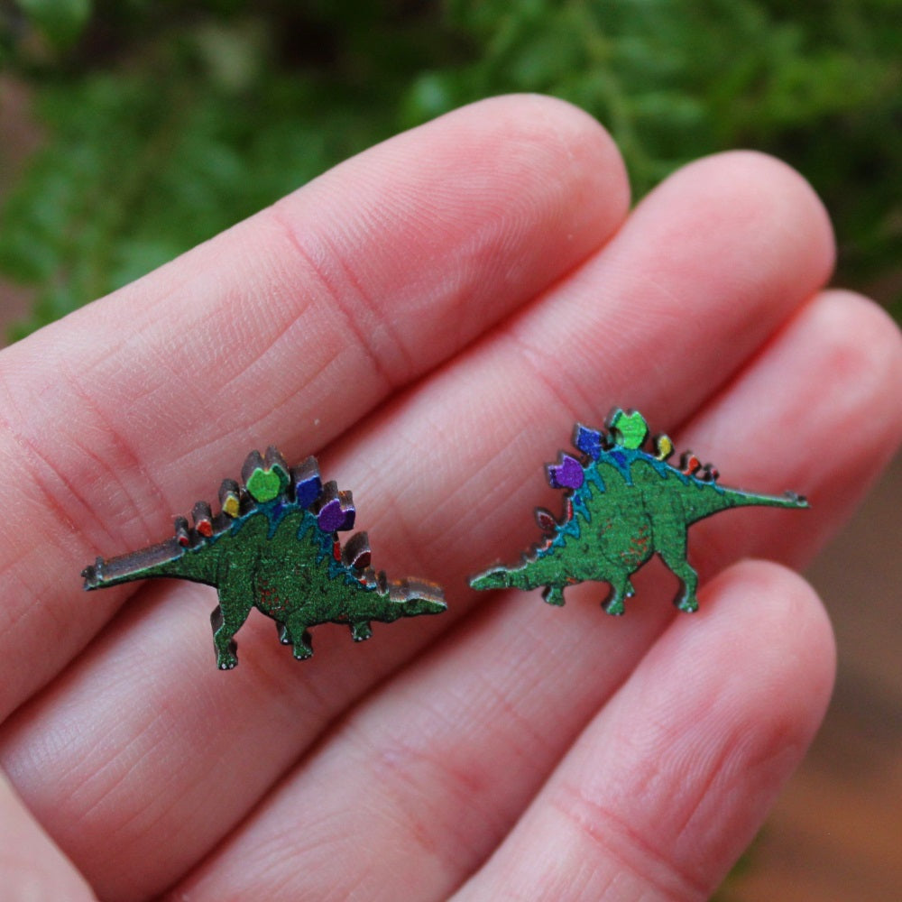 Rainbow stegosaurus earrings wood and stainless steel by Laura Lee Designs Cornwall