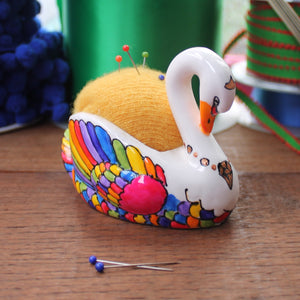 Colourful sewing room swan pin cushion the Vintage pimp Laura Lee designs 