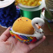 Load image into Gallery viewer, Rainbow swan pin cushion the vintage pimp hand painted swan by Laura Lee Designs Cornwall