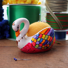 Load image into Gallery viewer, Rainbow swan pin cushion the vintage pimp hand painted swan by Laura Lee Designs Cornwall